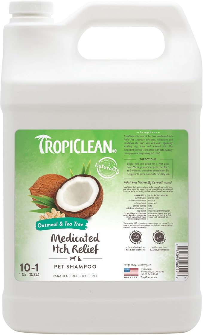 TropiClean Oatmeal Dog Shampoo for Itchy Skin Relief, Professional Dog Shampoo, Soothing Medicated Itch Relief, Puppy Safe, Made in USA, 1 Gallon