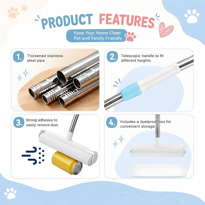 3 Pcs Pet Hair Removal Tool Adjustable Carpet rake & Lint Roller & Dustpan | 55'' Adjustable Long Handle Carpet Rake Large Lint Roller & Dustpan Pet Hair Remover for Rugs, Mats, Couch, Furniture