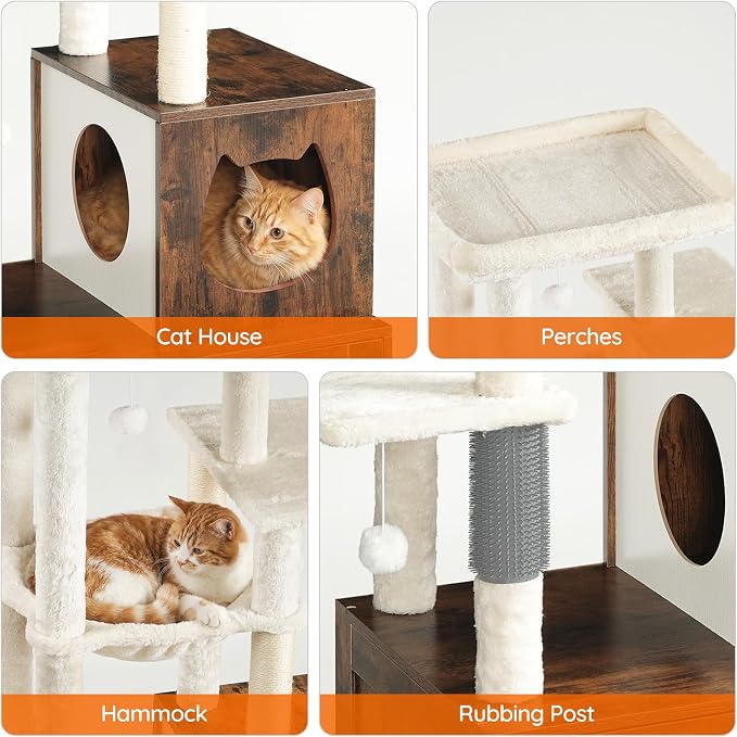 HOOBRO Cat Tree with Litter Box Enclosure, Tall Cat Tower for Indoor Cats, All-in-One Modern Cat Condo, Hidden Litter Box Enclosure Furniture, Rustic Brown FG51MZ03