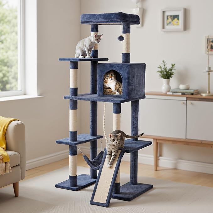 DUMOS Large 63in Cat Tree Tower with Scratching Posts, Dark Grey | Multi Level Cat Climbing Tower with Condo, Extended Platform, Hammock, Pet House for Indoor Cats and Kittens Play