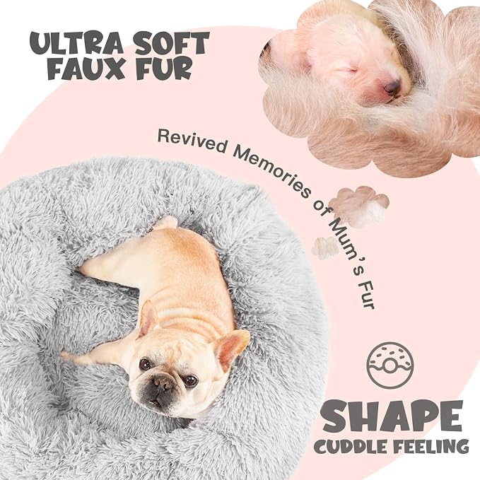 Himax 26in Covered Dog Bed with Blanket Attached Calming Burrow Light Grey | Dog Bed Medium Size dog, Anti-Anxiety Donut dog bed with cover, Washable Round Fluffy Pet& Cat Beds