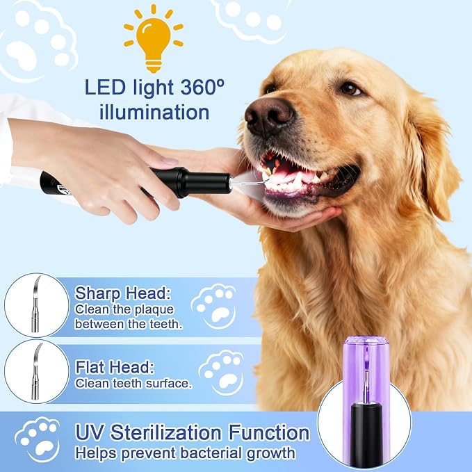 ETACCU Dog Plaque Remover for Teeth, Dog Plaque Remover Tool with LED Light, 5 Modes Teeth Cleaning Tools, Low Noise Pet Tooth Brushing Kit Dental Tools for Dog and Cat, Black