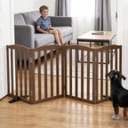 ZJSF Foldable Freestanding Indoor Dog Gate for House Wood Long Pet Gates Dog Fence for Stairs Puppy Gates for Hallways, Puppy Gate,Support Feet Included, Brown, 24 "Height-4 Panels