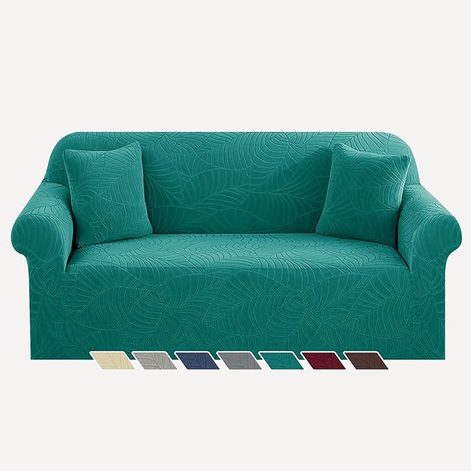 YEMYHOM Couch Cover Latest Jacquard Design High Stretch Sofa Covers for 2 Cushion Couch, Pet Dog Cat Proof Loveseat Slipcover Non Slip Elastic Furniture Protector (Medium, Begonia Leaf Blackish Green)