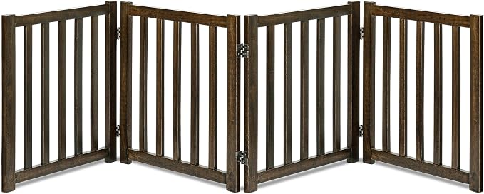 LZRS Wooden Free Standing Dog Gate 80" W x 24" H, Foldable Solid Hardwood Pet Safety Fence for House Doorways, Stairs, Hallways, Step-Over Pet Barrier, No Drill Easy Setup, Walnut