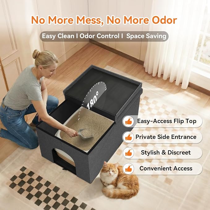 Zerbuger Cat Litter Box Enclosure Furniture for Odor Control,Hidden Cabinet | Cat Litter Box Furniture Ottoman With Flip-Up Lid,Cats Litter Box Bench With Storage Space, Dog Proof (Grey, Large)