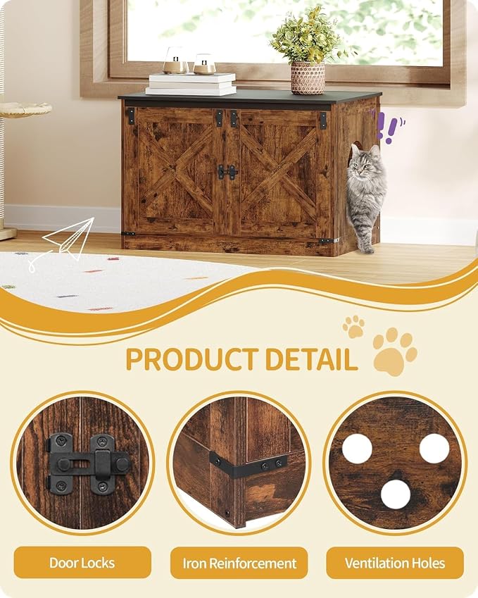 Hzuaneri Cat Litter Box Enclosure, Hidden Litter Box Furniture with Divider | Wooden Cat Cabinet with Removable Dividers, Reversible Entrance Left or Right Side, Cat Washroom, Rustic Brown Black CB84601X