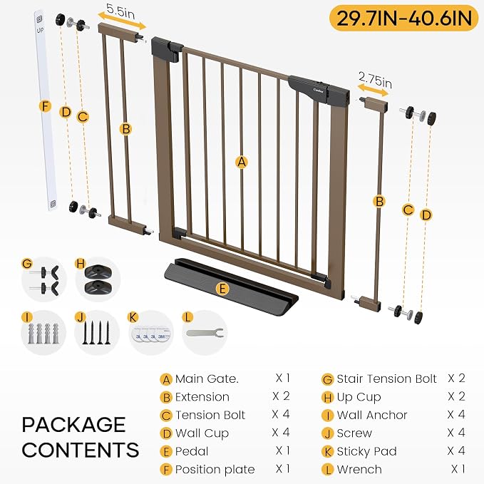 Cumbor 30-40.6 in Baby Gate for Stairs and Doorways, Dog Gate Indoor Brown | Mom's Choice Awards Winner, Auto Close, Double Lock, Safety Child Gate for Toddlers & Pets, Pressure or Hardware Mounted