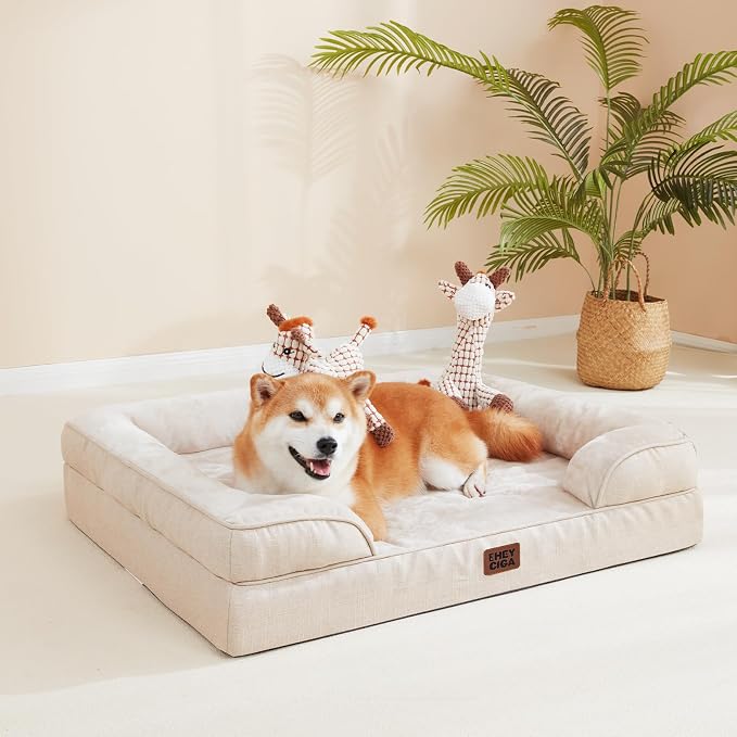 EHEYCIGA Orthopedic Dog Bed for Large Dogs, Waterproof Memory Foam, Non-Slip Bottom, Beige, 35"L x 22"W x 6.5"Th | Non-Slip Bottom and Egg-Crate Memory Foam Dog Couch Bed with Washable Removable Cover, Beige