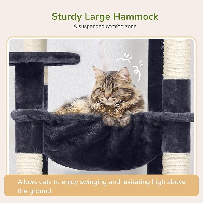 Globlazer Cat Tree Tower with Scratching Post for Indoor Cats, 53inch Tall Plush Multi-Level Cat Climbing Tower Condo House with Large Hammock, Spacious Cat Condo, Big Padded Top Perch, F53, Dark Gray