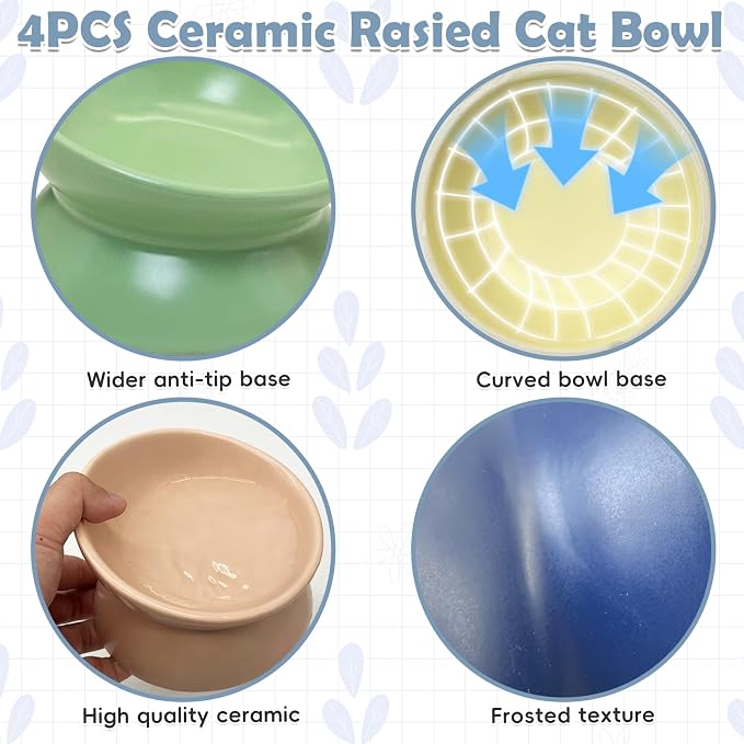 kathson 4 Pcs Ceramic Raised Cat Bowls, Elevated Tilted Cat Food Bowl, Anti Vomiting Pet Food Bowl, Colorful Porcelain Pet Feeder Dish for Cats and Small Dogs,Stress Free, Whisker Fatigue