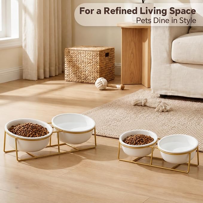 Elevated Dog Bowls for Small Dogs - 2 Ceramic Bowls with Gold Iron Stand - Raised Pet Dish Set for Food and Water - Comfortable Feeding
