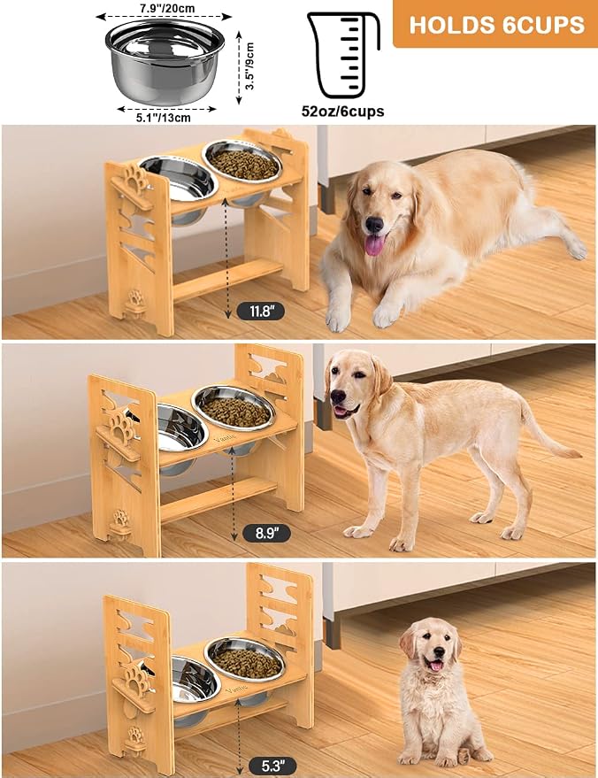 Vantic Elevated Dog Bowls, Adjustable Bowl Stand Large/XLarge, Natural | Bamboo Elevated Feeder with 2 Stainless Steel Bowls, Adjustable Height Stand for Large and Extra-Large Dogs
