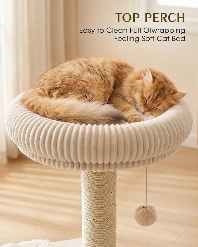 63" Heavy Duty Cat Tree for Indoor Cats, Sturdy Cat Tower for Large Cats with Scratching Post, Plush Top Perch, Cat Condo (White Oak)
