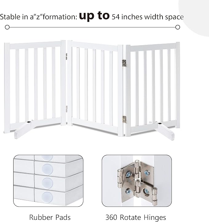 LZRS Freestanding Dog Gate 60" W x 30" H Solid Wooden Pet Gate for Doorways, Stairs & Hallways, Expandable & Foldable with Support Feet，Indoor Use,White