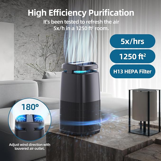 POMORON Air Purifiers for Home with Negative Ion and UV, MJ002H, Black | Negative Ion Function, UV Function, True H13 Filter, 8/12/24 hours Timer, Fragrance Diffuse