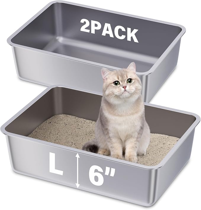 Stainless Steel Litter Box, Large Metal Litter Box 2 Pack | 19.7"x13.7"x6" Cat Litter Box Easy to Clean, Non Stick Litterbox No Smell for Adult Cats