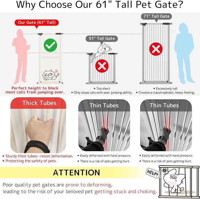 Lumizone 61.02" Extra Tall Pet Gate for Cat Dog 30.12"-38.38" Wide Cream | Extra Tall Cat Gate for Doorway Hallway Stairs Pressure Mounted 1.37" Gap No Drilling Auto-Close Dual-Lock