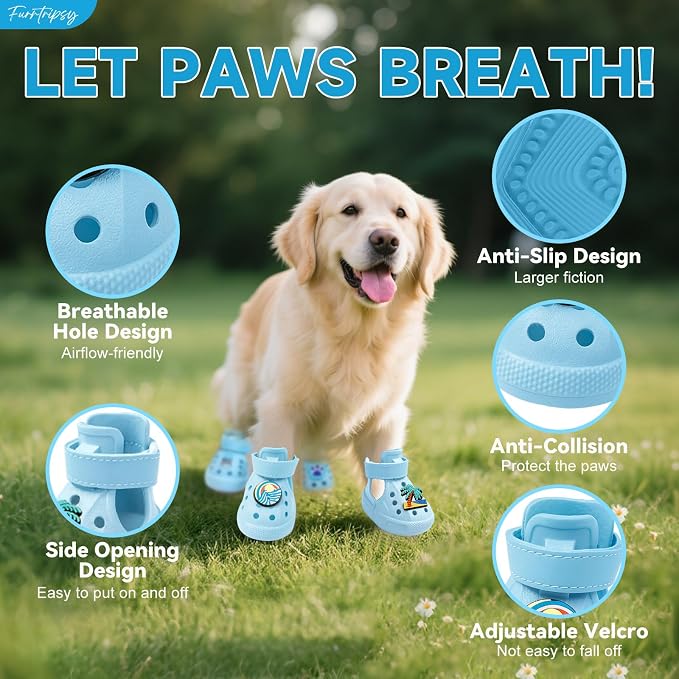 Dog Shoes,Non-Slip Waterproof Sandals for Hot Pavement, Breathable Perforated Boots,Adjustable Straps Dog Rain Booties for Summer Beach and Rainy Day(Blue,#4)