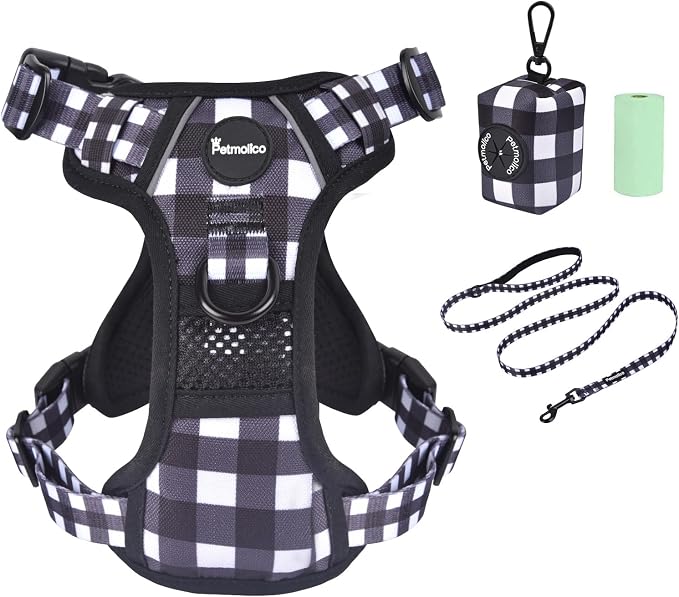 Petmolico No Pull Dog Harness Set with Leash Attachment Easy Control Handle Reflective Harness Vest Small Breed, Puppy Vest and Leash Set with Poop Bag Holder, Small - Plaid