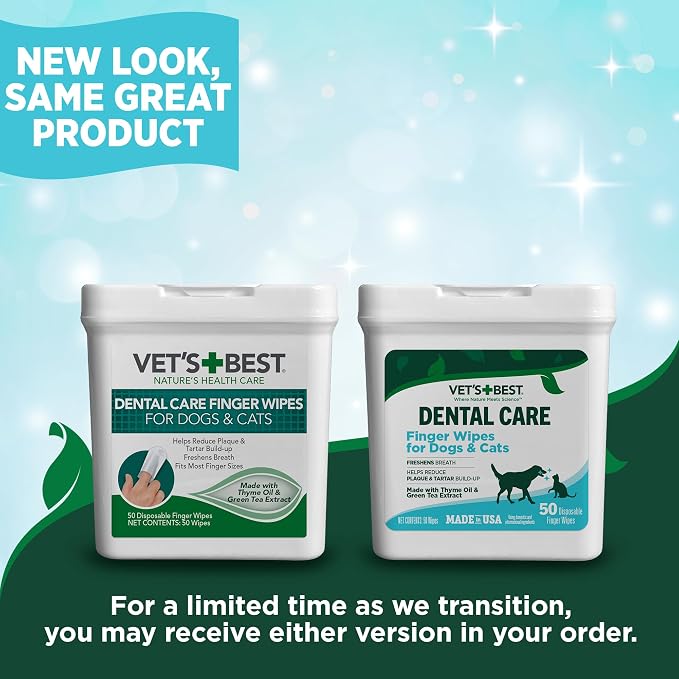 Vet's Best Dental Care Finger Wipes (2 Pack) for Dogs & Cats - 50ct | Reduces Plaque & Freshens Breath - Teeth Cleaning Finger Wipes