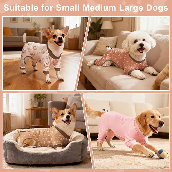 Bienbee Dog Pajamas, 4 Pack Adjustable Onesies for Small to Large Dogs S | Dog Shedding Suit with Soft Fabric, Breathable & Stretchy, and Adjustable Back Length for Sleeping Lounging and Daily Use