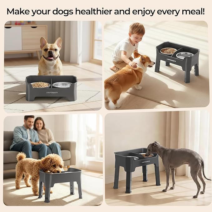 URPOWER Mess Proof Elevated Dog Bowls for Small Dogs with Splash Guard | 4 Height Adjustable Raised Stand with 2 Stainless Steel Food Bowls & Licking Plate for Small, Medium & Large Dogs