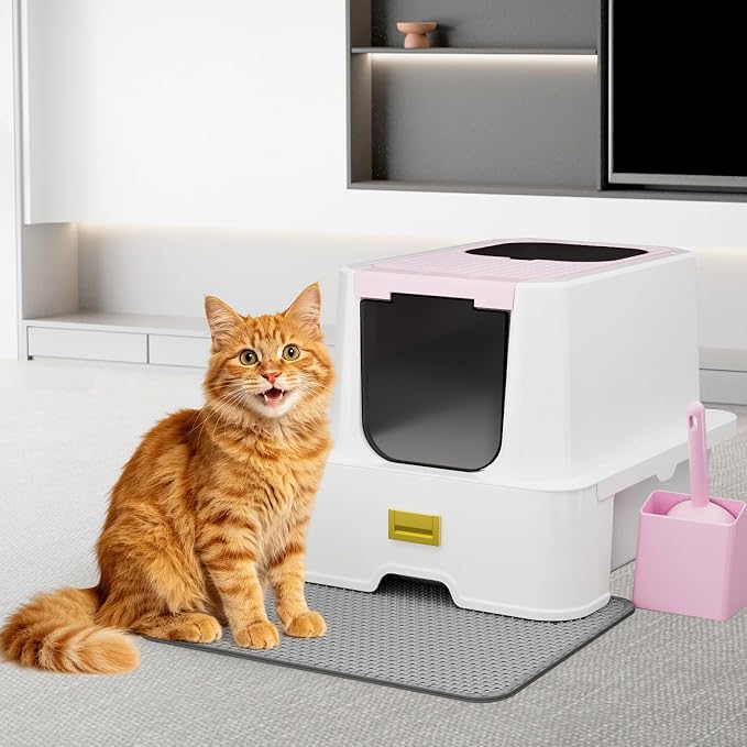 RIZZARI Pink Cat Litter Box: Covered Top Entry with Drawer & Spray | Pull-Out Drawer / Built-In Deodorizer Spray / Top Entry Reduces Mess / Spacious for Large Cats / Pink Blends with Home Decor