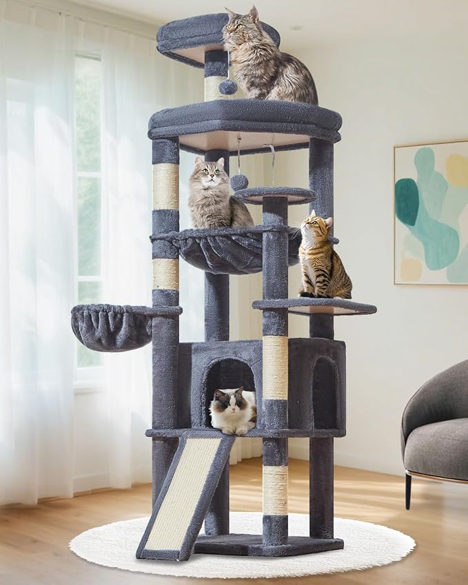 Taoqimiao Cat Tree for Large Cats, 72In Tall Cat Tower, Giant Platform | Widened Cat Condo with Large Scratch Board, 5 Scratching Posts, Metal Frame Hammcock, Cozy Basket, Smoky Gray, MS045G