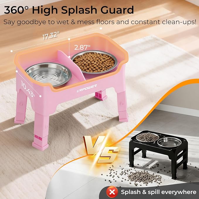 URPOWER Mess Proof Elevated Dog Bowls, Splash Guard Raised Bowl Stand | 4 Height Adjustable Raised Stand with 2 Stainless Steel Food Bowls & Licking Plate for Small, Medium & Large Dogs