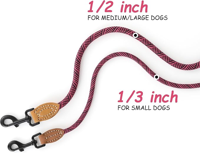 Mile High Life Thin Small Dog Leash with Genuine Leather Connection | Rope Leash, Heavy Duty 360° Swivel Metal Clasp, for Small Medium & Large Dogs (Rose Red, 70 Inch)