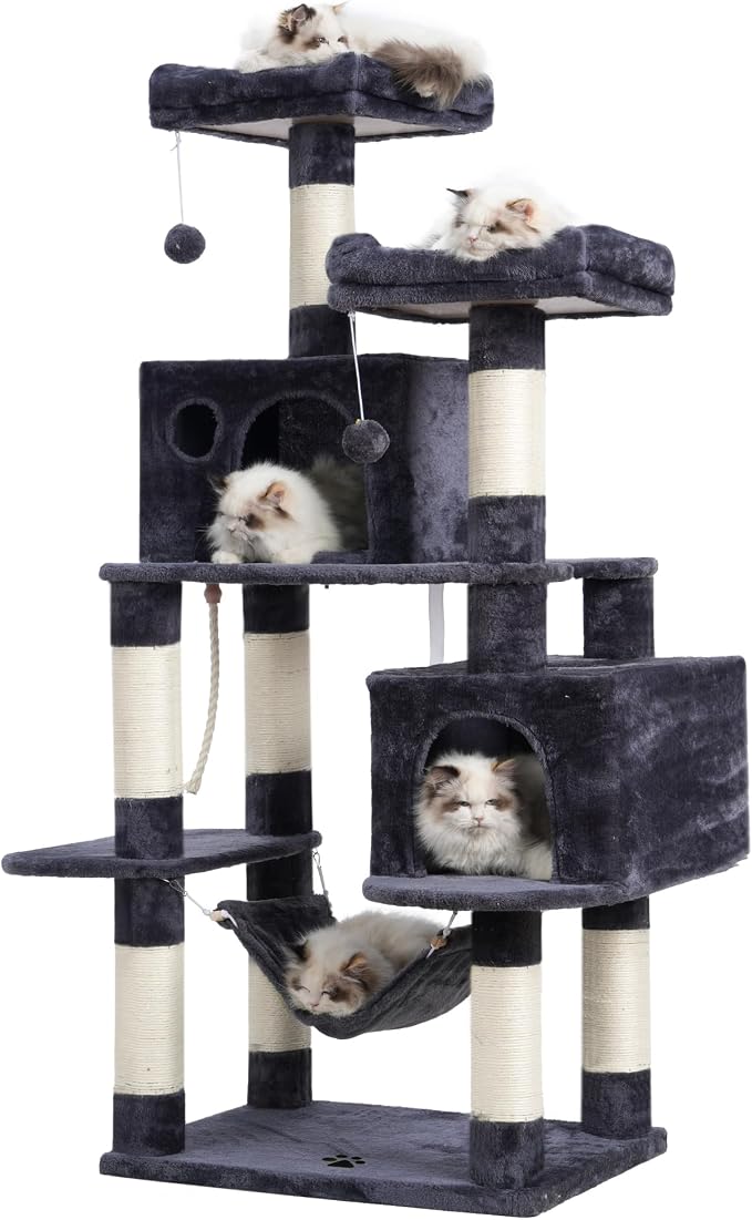 Hey-brother Cat Tree Tower with Sisal Scratching Posts, Big Condo, MPJ020G | 53.7 Inches Multi-Level Cat House with 2 Bigger Plush Condos, 2 Platforms, Hammock, Toy Balls for Indoor Cats, Smoky Gray