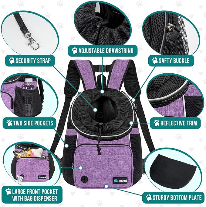 PetAmi Adjustable Cat & Dog Chest Carrier Backpack, Ventilated for Hiking & Camping, Max 15 lbs, Purple