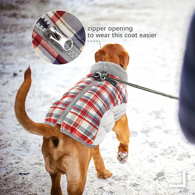 FUAMEY Dog Jacket for Large Dogs Warm Dog Jackets with Harness Built in | Dog Winter Jacket Cold Weather Snow Puppy Vest Water-Resistant Zip up Dog Fleece Jackets High Visibility Red Plaid XXXL
