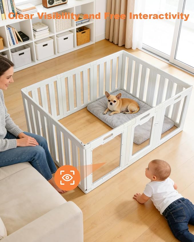 Acrylic Indoor for Dogs Playpen, 24" H 10 Panels DIY Puppy Playpen | Indoor & Outdoor Dog Playpen with Heavy Duty Door Lock, Easy-Assembly&Clean Door Pet Fence for Dogs Puppy,Cats,Rabbits,White