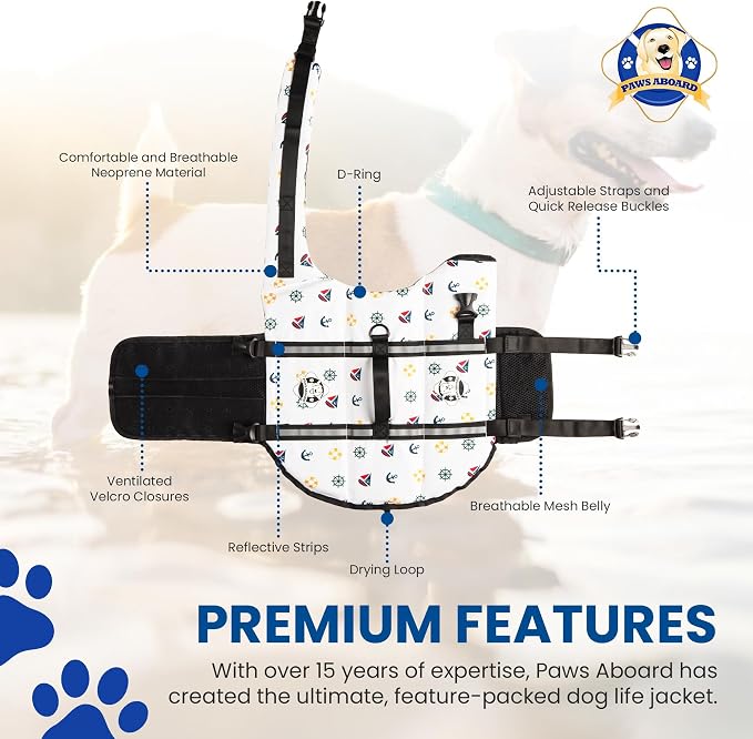 Dog Life Jacket - Swimming Vest for Dogs, Adjustable, Reflective, Comfortable, Multiple Colors, Patterns, XX-Small to Extra Large Dog Swim Vest with Handle (Nautical, Large)
