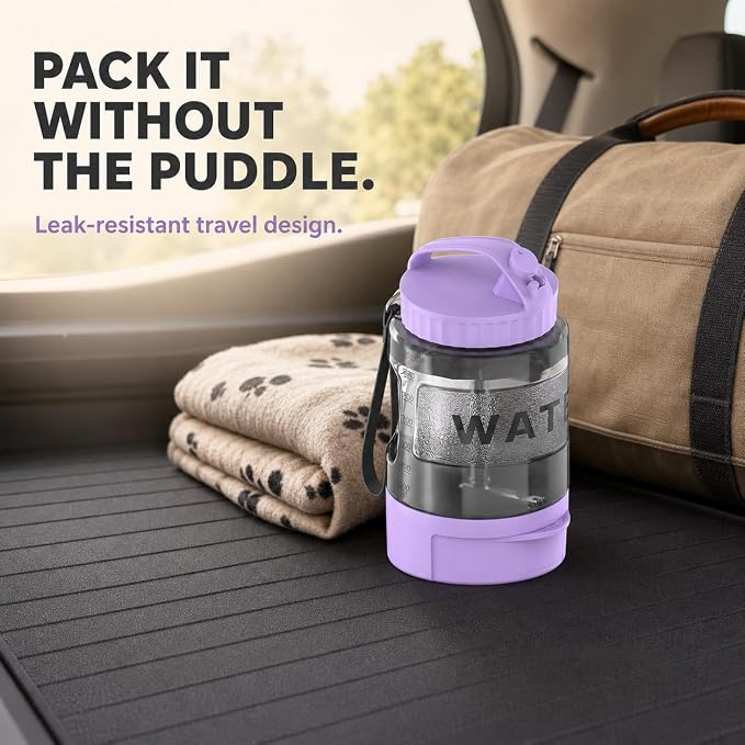 Portable Dog Water Bottle with Travel Bowl, 77 oz/2.2 L, Purple | 2-in-1 portable dog water bottle with pull-out bowl; BPA-free plastic, silicone seal, wide mouth and grip for hikes or travel