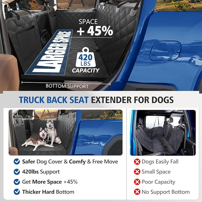 Btefd XL Hard Bottom Dog Seat Cover for Dogs for Full-Size Crew Cab Trucks | Back Seat Pet Hammock for F150, RAM1500, Sierra, Tundra, Silverado, Titan, Holds 420lbs, 45% Extender Space, Waterproof
