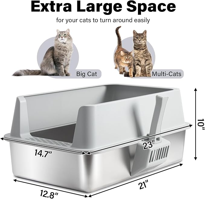 Stainless Steel Litter Box XL-Large High Sided Cat Litter Box | Metal Cat Litter Box with Lid and Scooper, Easy Clean, Non Stick & No Smell-23"x15"x10"