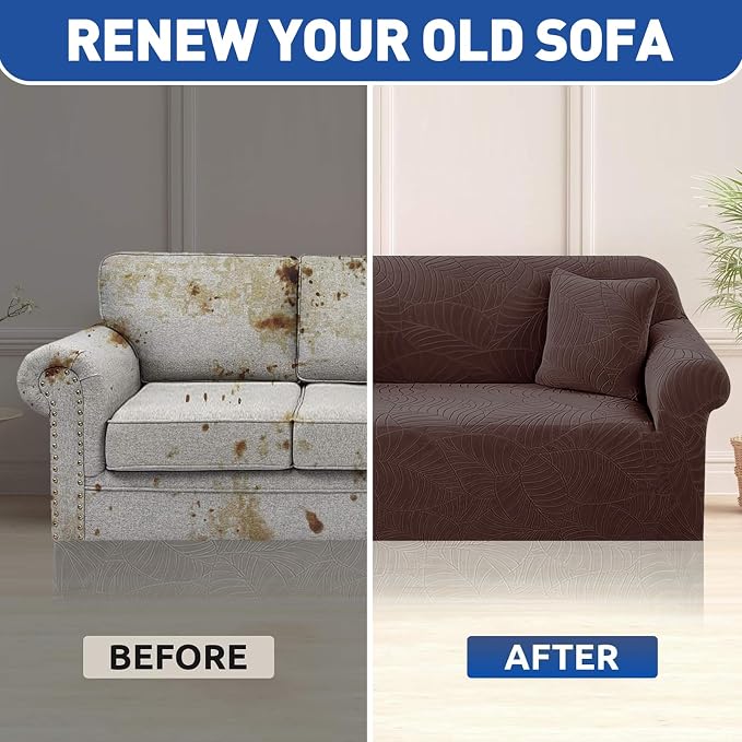 YEMYHOM Couch Cover Latest Jacquard Design High Stretch Sofa Covers for 2 Cushion Couch, Pet Dog Cat Proof Loveseat Slipcover Non Slip Elastic Furniture Protector (Medium, Begonia Leaf Coffee)
