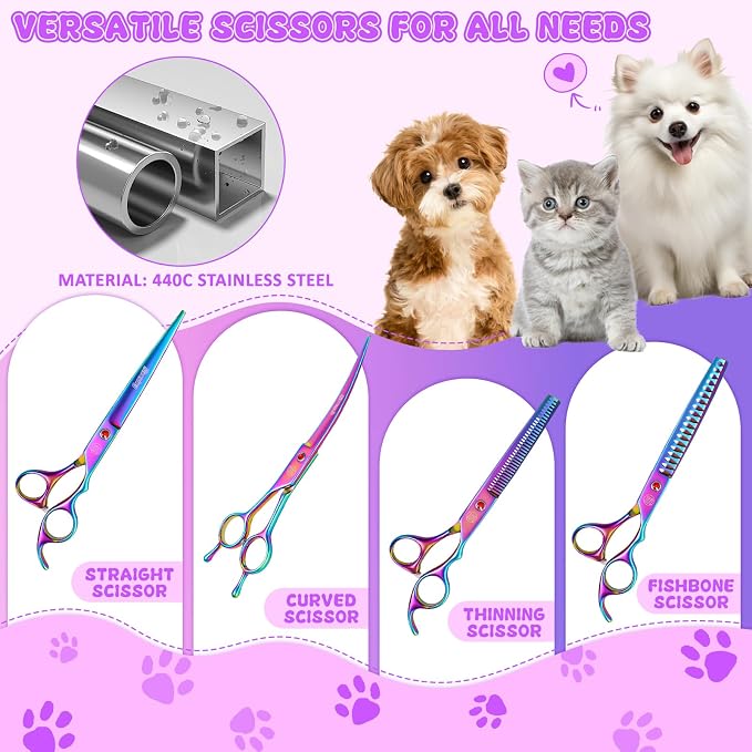 Professional Dog Grooming Scissors Set, 7 Inch/8 Inch Pet Grooming Scissors Chunkers Shears for Dog, Curved Dog Grooming Scissors, Thinning Shears for Dog with Grooming Comb | Pet Grooming Chunkers Shears for Dog, Curved Dog Grooming Scissors, Thinning...
