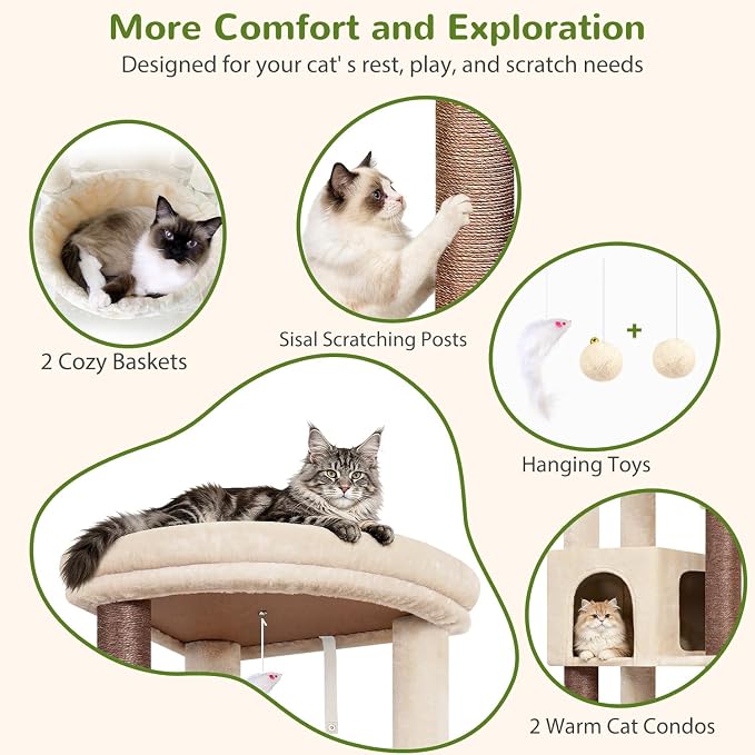 Globlazer C64 Heavy Duty Corner Cat Tree, 64in Large Cat Tower, Beige | Easy Setup, Maine Coon, Extra-Large Top Perch, 2 Condos, 2 Hanging Baskets, 4 Sisal Scratching Posts, Anti-Topple Strap