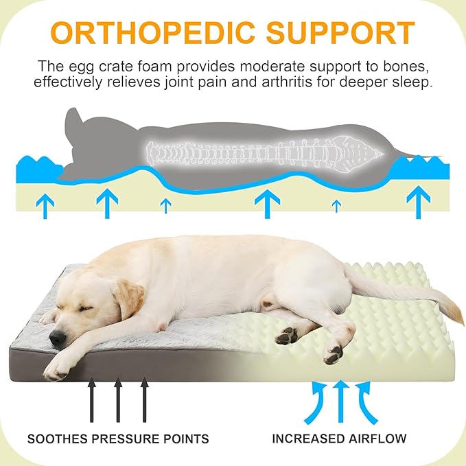 KSIIA Orthopedic Dog Bed for Extra Large Dogs with Waterproof, Grey, 53x36 | Deluxe Soft Plush Dog Crate Bed, Washable Pet Mat with Removable Cover & Egg Crate Foam for Extra Large Dogs Sleeping