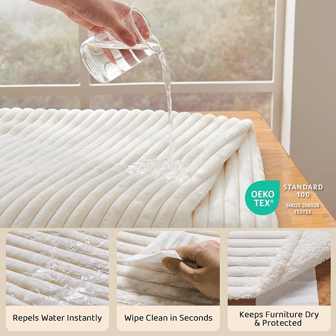 Waterproof Calming Dog Blanket for Large Dogs, Noiseless Soft Plush Pet Blanket for Bed, 500GSM Thick Faux Fur Pet Throw, Cozy Couch Furniture Protection Washable, Cream, 60x80IN