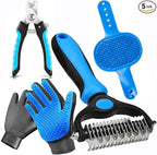 NVNAN 5-in-1 Pet Grooming Kit with Deshedding Rake | Includes nail clipper, grooming gloves, massage brush, and tools for brushing, bathing, and removing loose pet hair