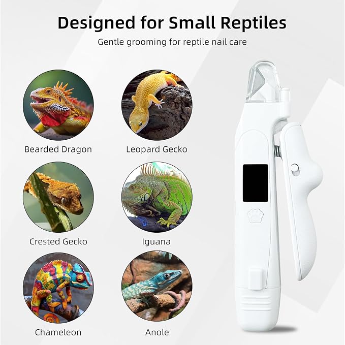 Bearded Dragon Nail Clipper & Grinder 2-in-1 - Rechargeable Electric Lizard Nail File Trimmer with Safety LED Light, Quiet Low-Speed for Lizard, Crested Gecko, Turtle, Chameleon