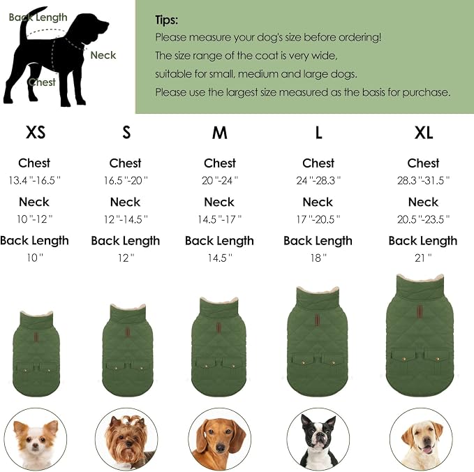 Winter Coat for Small Dogs, Puppy Plaid Jacket, Dog Jacket for Cold Weather, Windproof Warm Garments, Pets Thickened Outfits Indoor Outdoor, Army Green S