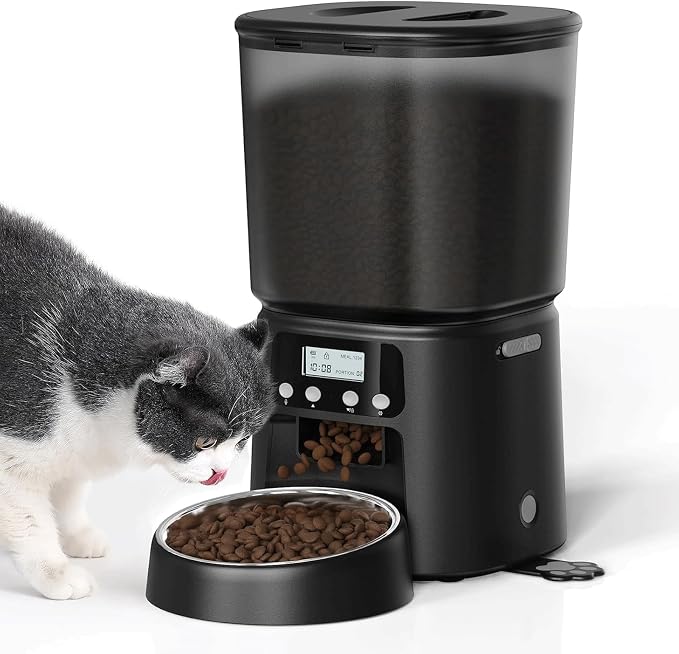 Petrice Automatic Cat Feeder, 4L/16Cups Cat Food Dispenser with Stainless Steel Bowl Programmable 30 Portions 6 Meals per Day, Timed Pet Feeder for Kitty Small Dogs with 10S Voice Record, Black