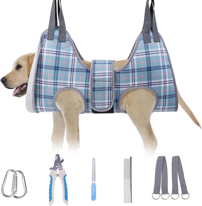 BEAUTYZOO Medium Dog Grooming Hammock Harness, Nail Trim Restraint Sling, M | Dog Hanging Harness for Nail Trim, Adjustable Hook & Loop, Soft Neck Support/Dual Safety Straps for Stress-Free Grooming,Blue