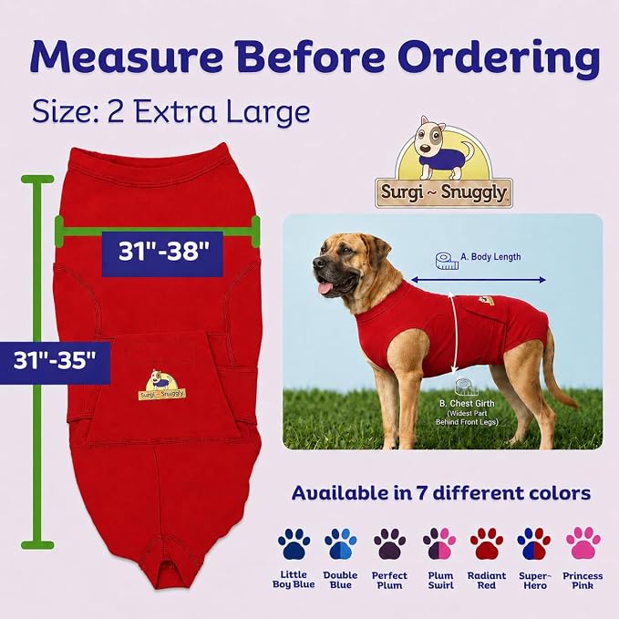 SurgiSnuggly Surgery Recovery Suit for Dogs, Female Spay or Male Neuters, A Surgical Onesie E Collar Dog Cone Alternative for After Surgery Procedures Fits Large, XL and Giant Dogs - 2XL Red EC